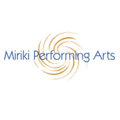 Miriki performing arts logo with an orange spiral swirl behind blue text