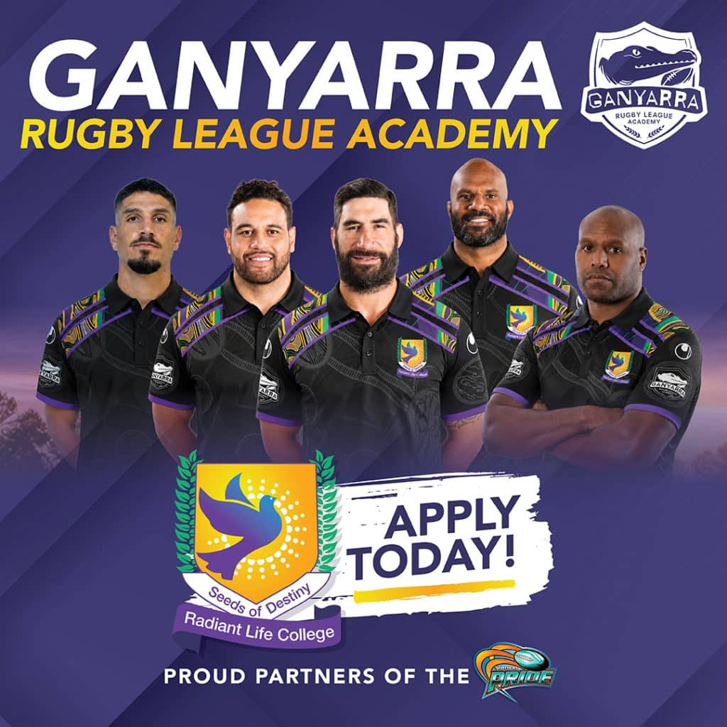 Promotional poster for ganyarra rugby league academy featuring five players in black purple jerseys with academy crest and an apply today banner on a blue background