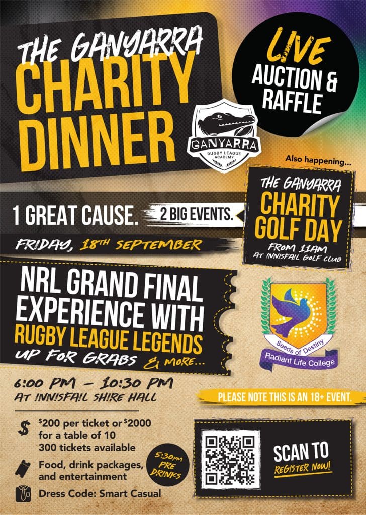 Poster advertising the ganyarra charity dinner with live auction and golf day events poster art featuring bold yellow and black text and logos