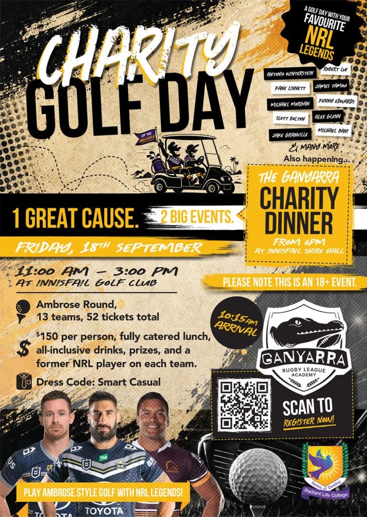 Charity golf day poster advertising two big events and a charity dinner with date time and venue details visually highlighted